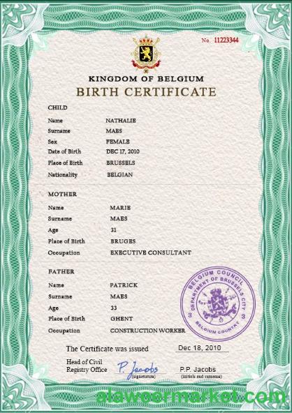 Belgium vital record birth certificate PSD template